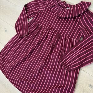 Hanna Andersson Girls Dress Collard Twill 140/US 10 Pink Maroon Striped Pockets